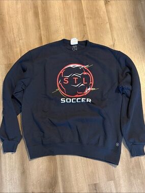 Champion Navy STL Soccer Crewneck Sweatshirt with Red & Yellow Graphic